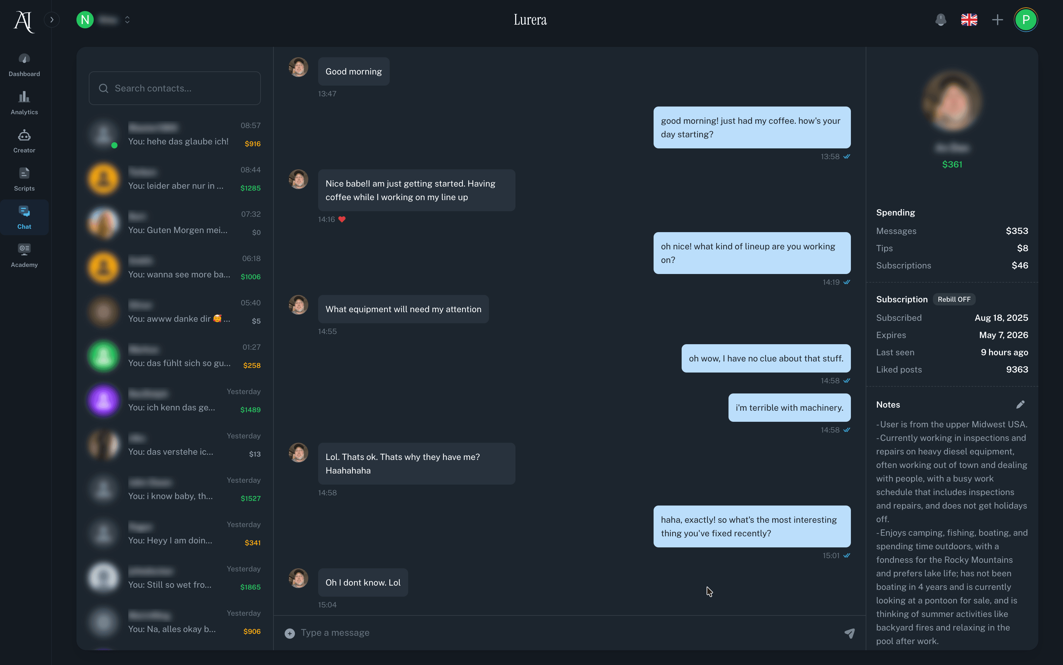 Lurera AI chatting casually with a fan while automatically tracking profile notes, spending history, and subscription details